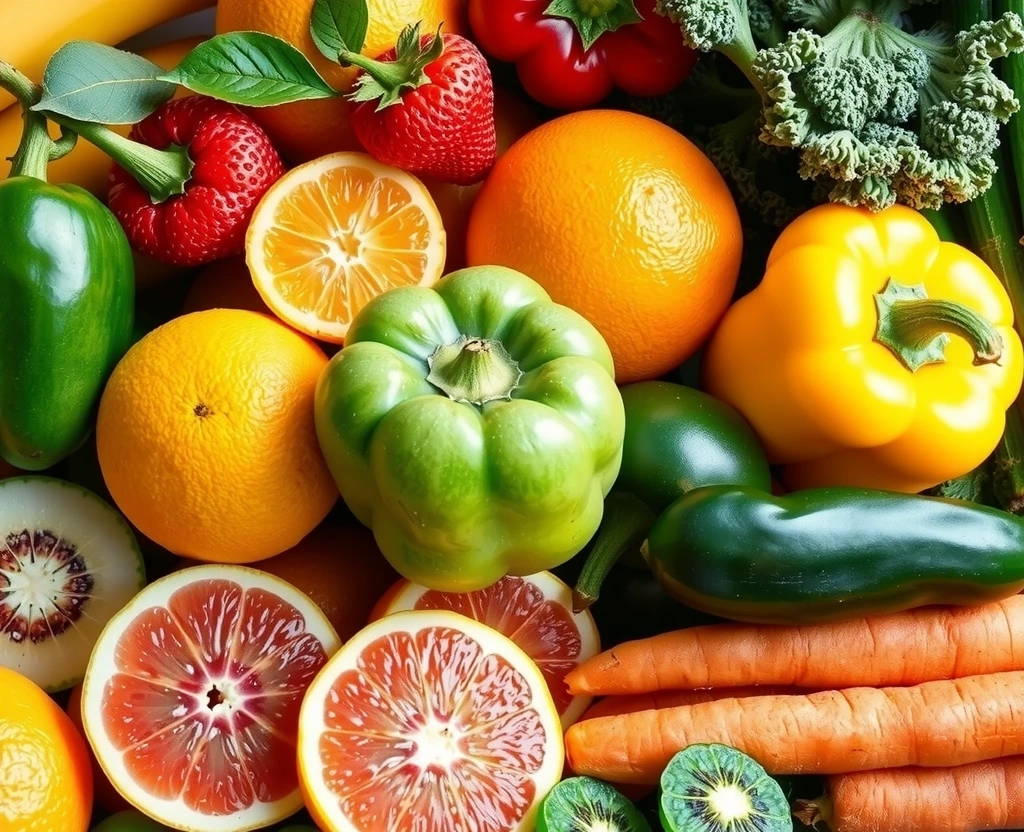 Variedad de frutas y vegetales ricos en vitaminas